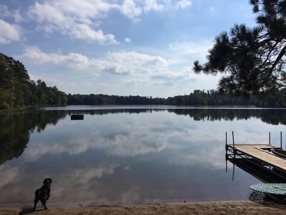 A typical, calm day on Lake Bobidosh, like a mirror, with a pet-friendly beach!