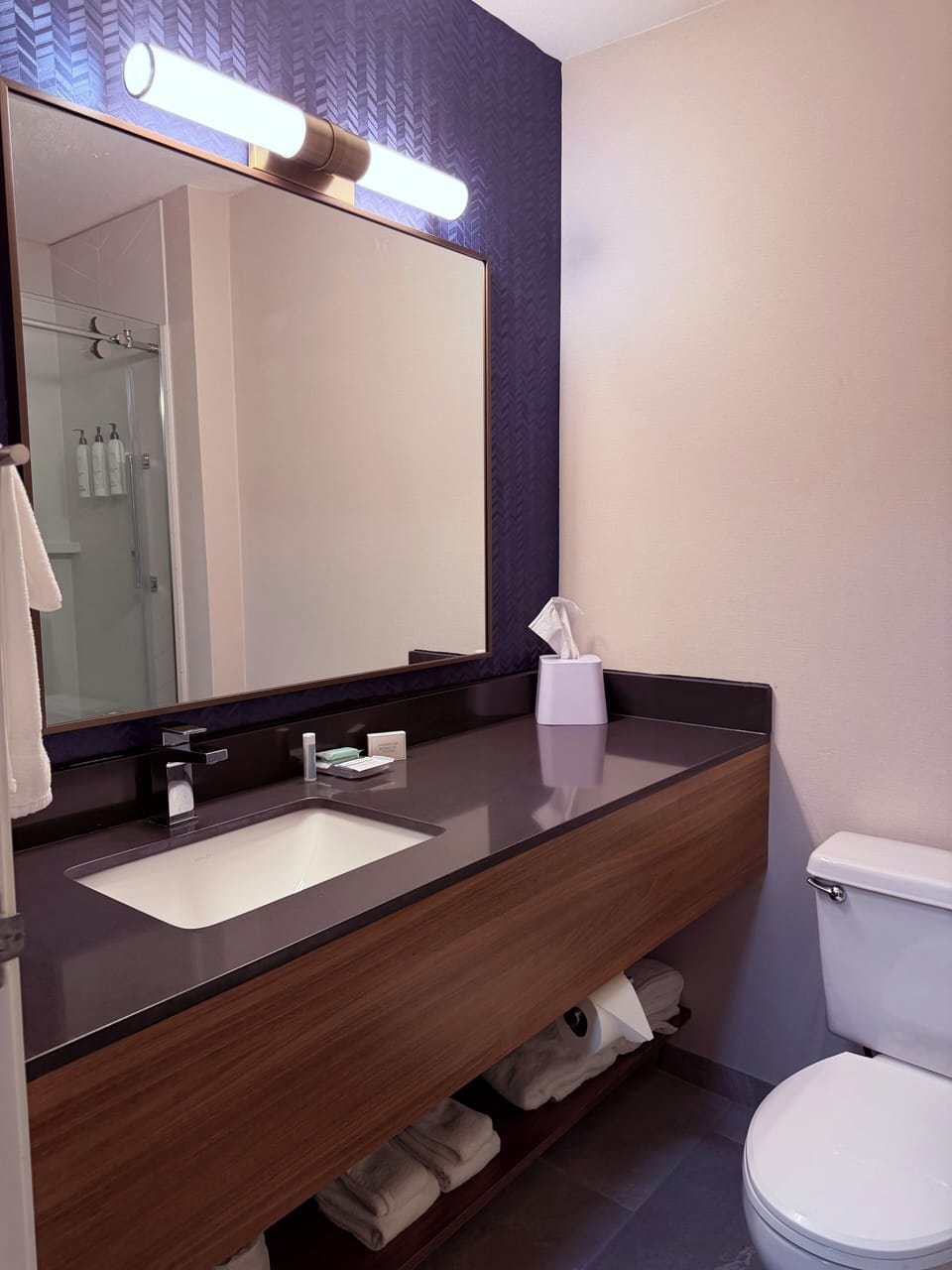 Combined shower/tub, free toiletries, hair dryer, towels