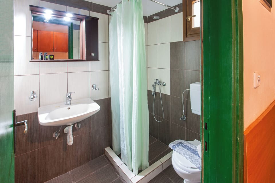 Studio with Pool View | Bathroom | Shower, hair dryer, towels, toilet paper