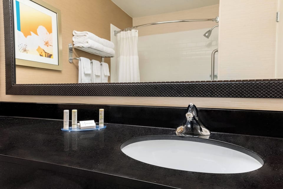 Combined shower/tub, free toiletries, hair dryer, towels