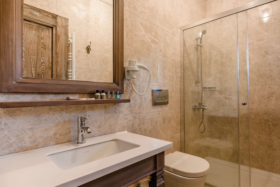 Shower, free toiletries, hair dryer, slippers