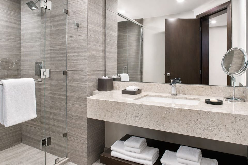 Hair dryer, bathrobes, towels, soap