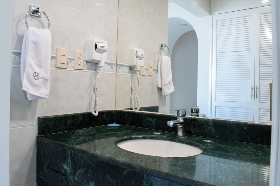 Shower, hair dryer, towels