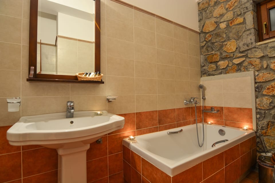Double Room, Fireplace, Mountain View | Bathroom | Combined shower/tub, free toiletries, hair dryer, slippers