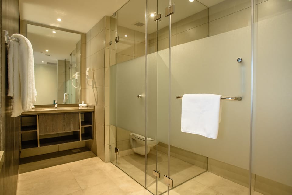 Shower, rainfall showerhead, free toiletries, hair dryer