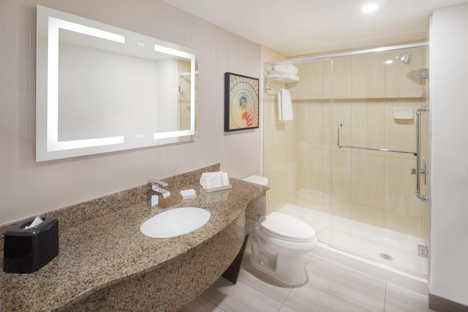 Combined shower/tub, free toiletries, hair dryer, towels