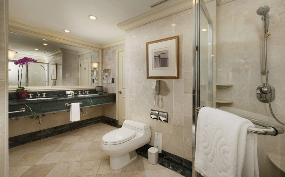 Separate tub and shower, rainfall showerhead, hair dryer, slippers