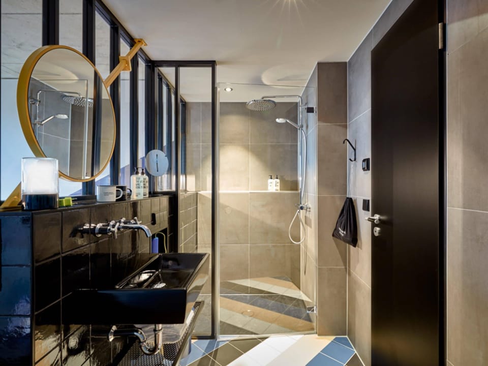 Designer toiletries, hair dryer, towels, soap