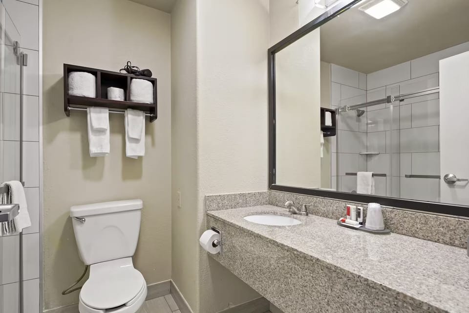 Combined shower/tub, free toiletries, hair dryer, towels