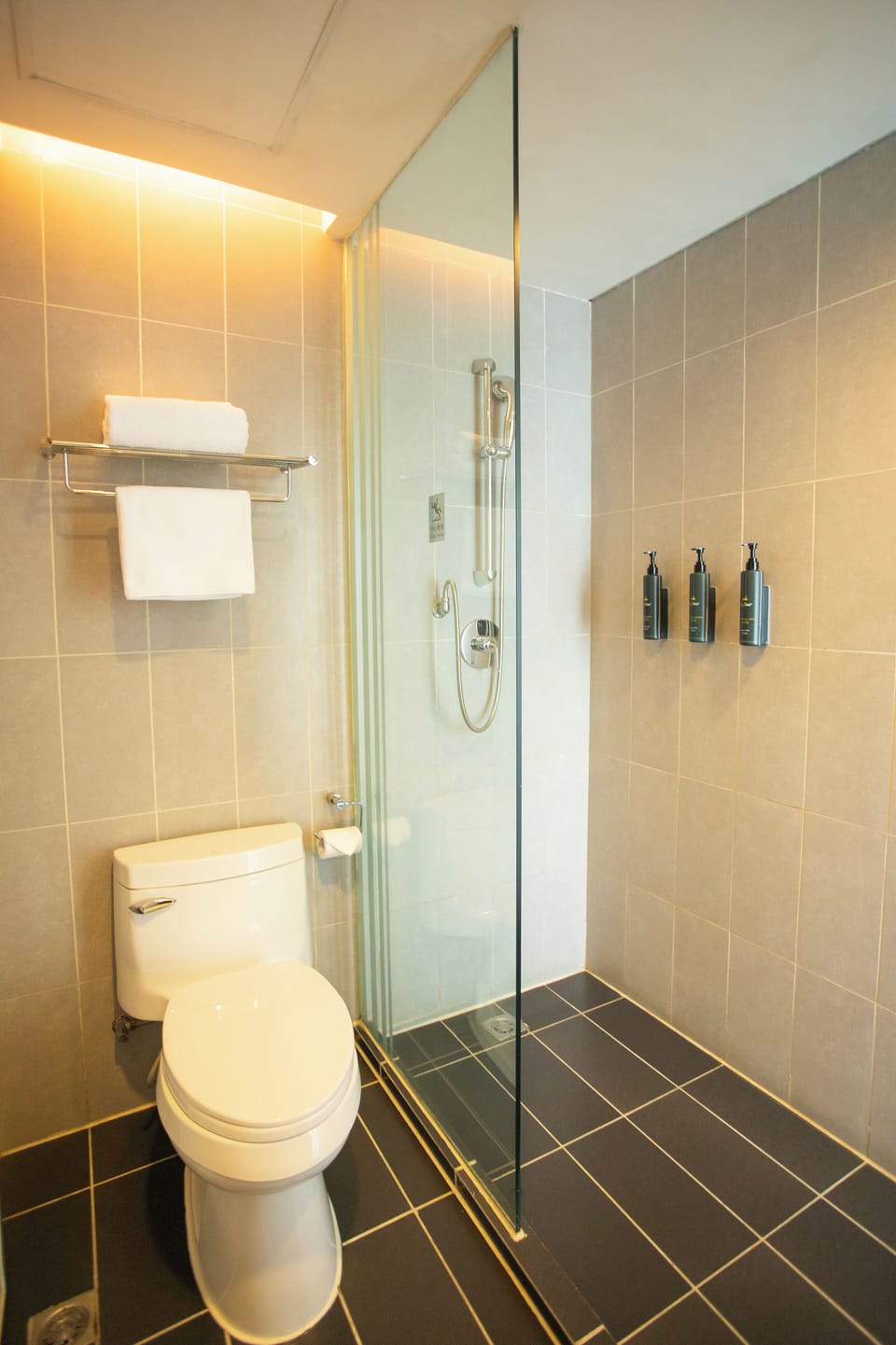 Shower, rainfall showerhead, designer toiletries, hair dryer