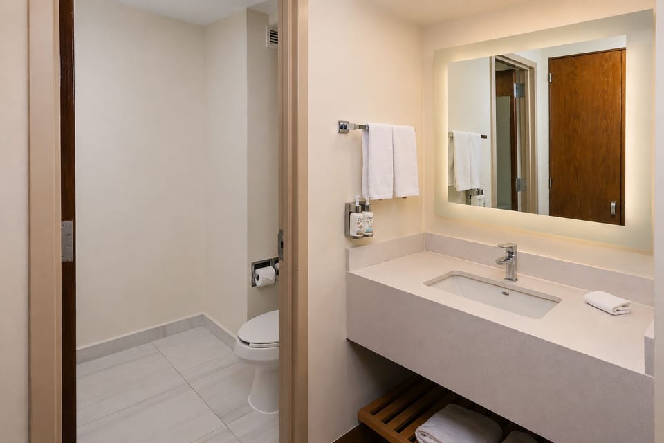Combined shower/tub, hair dryer, towels