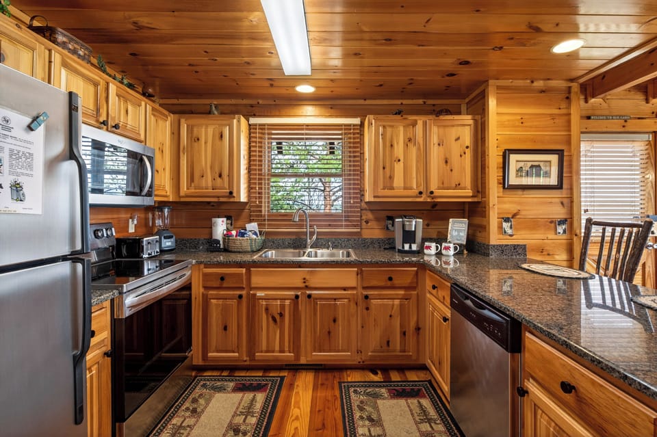 Kitchen with Keurig coffee maker, bar seating for 2