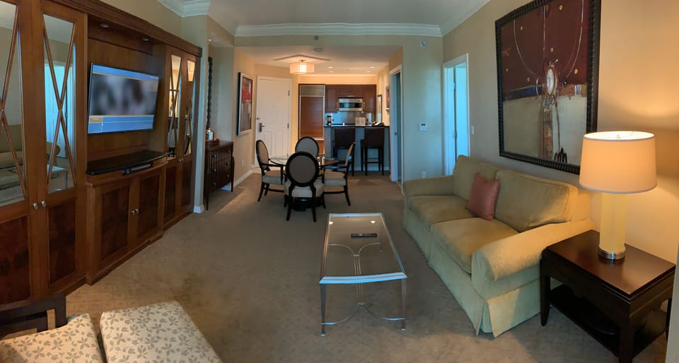 Living room with pull up sofa bed, tv, bathroom with shower. 