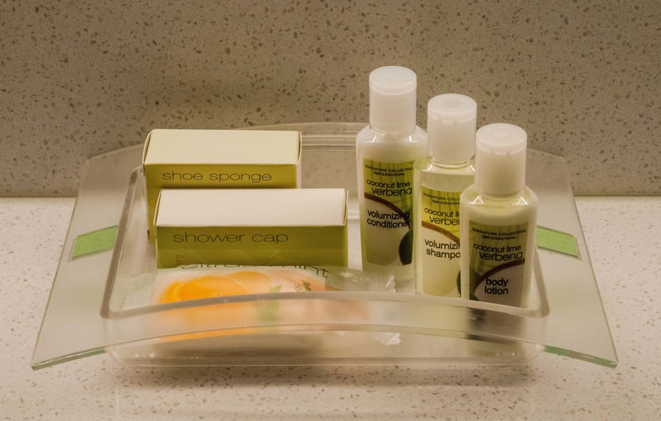 Combined shower/tub, free toiletries, hair dryer, towels