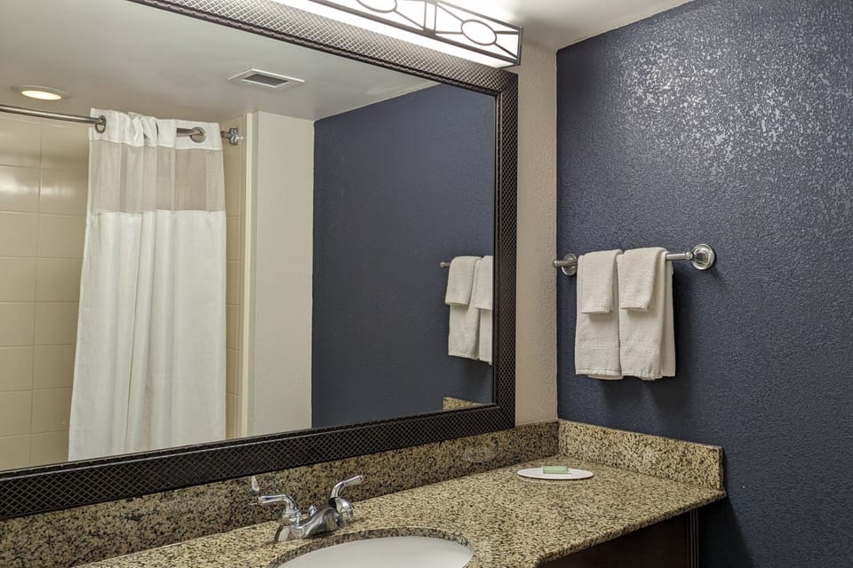 Combined shower/tub, free toiletries, hair dryer, towels