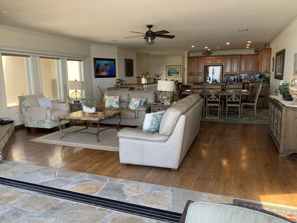 View looking into the house from the ocean front balcony.