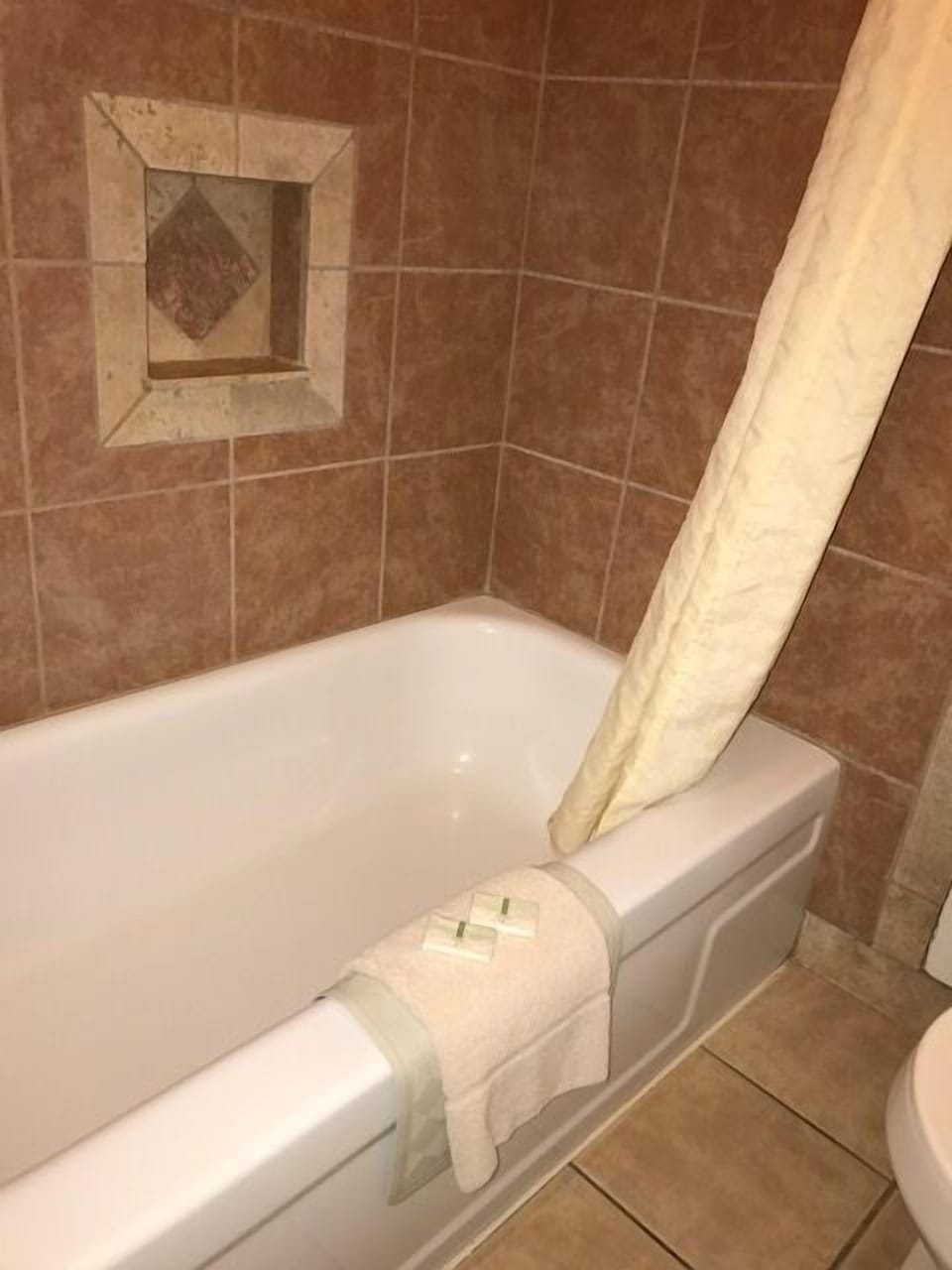 Bathtub, free toiletries, towels
