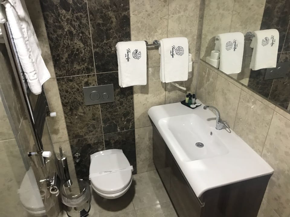 Shower, free toiletries, hair dryer, slippers