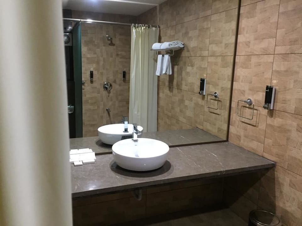 Shower, designer toiletries, bidet, towels