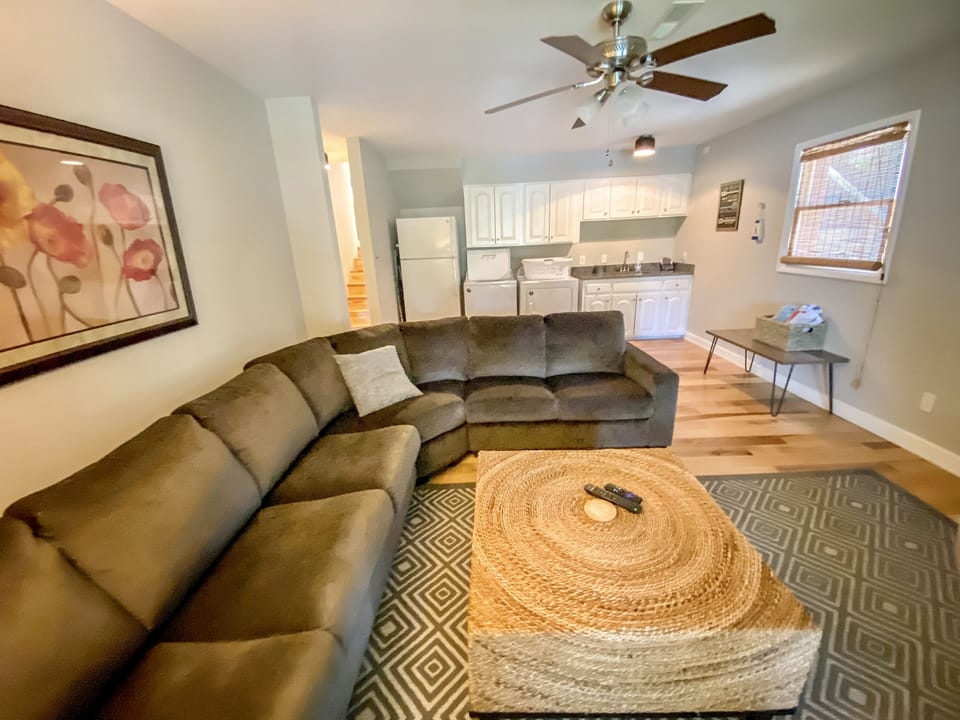 Downstairs living room with full size pill out sleeper sofa