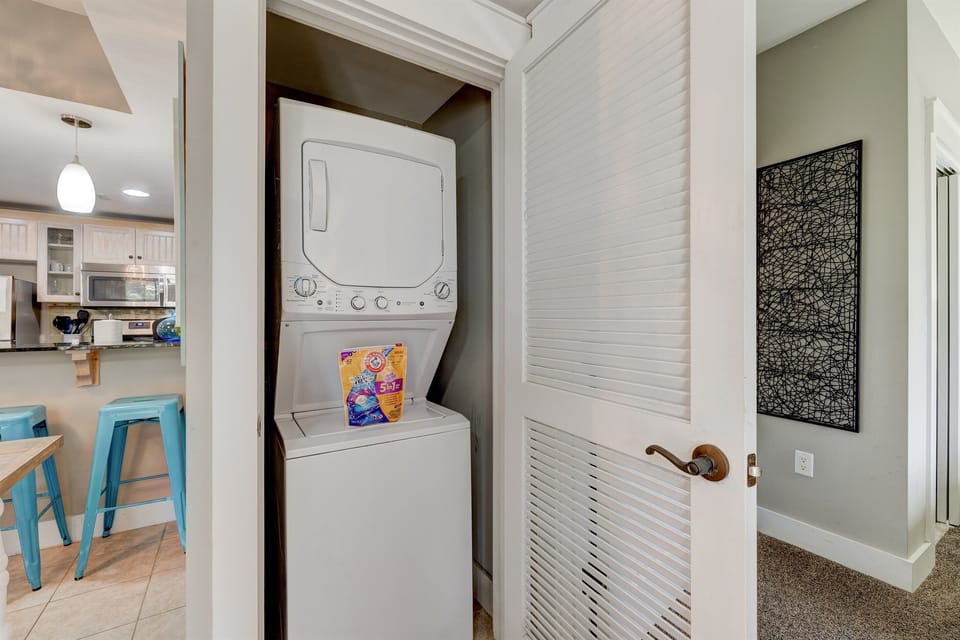 This condo has in-unit washer & dryer available to guests! We provide laundry soap for all of our guests.