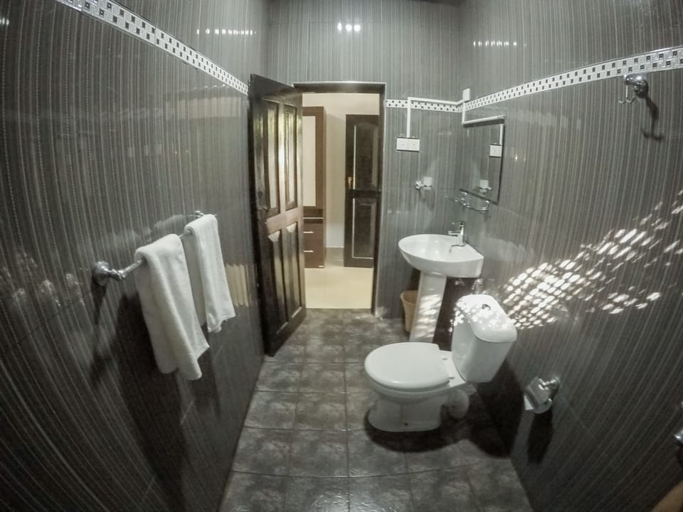 Shower, rainfall showerhead, bidet, towels