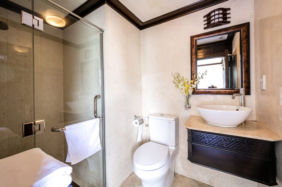 Shower, free toiletries, hair dryer, bathrobes