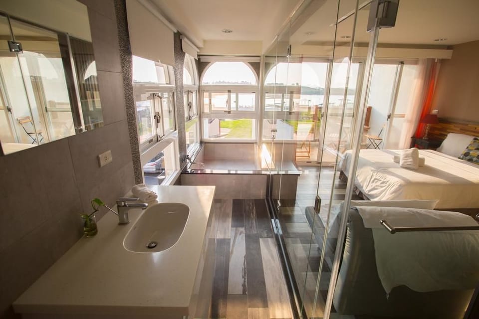 Double room with sea view without bathtub (with balcony and plunge pool) | Bathroom | Hair dryer, slippers, towels