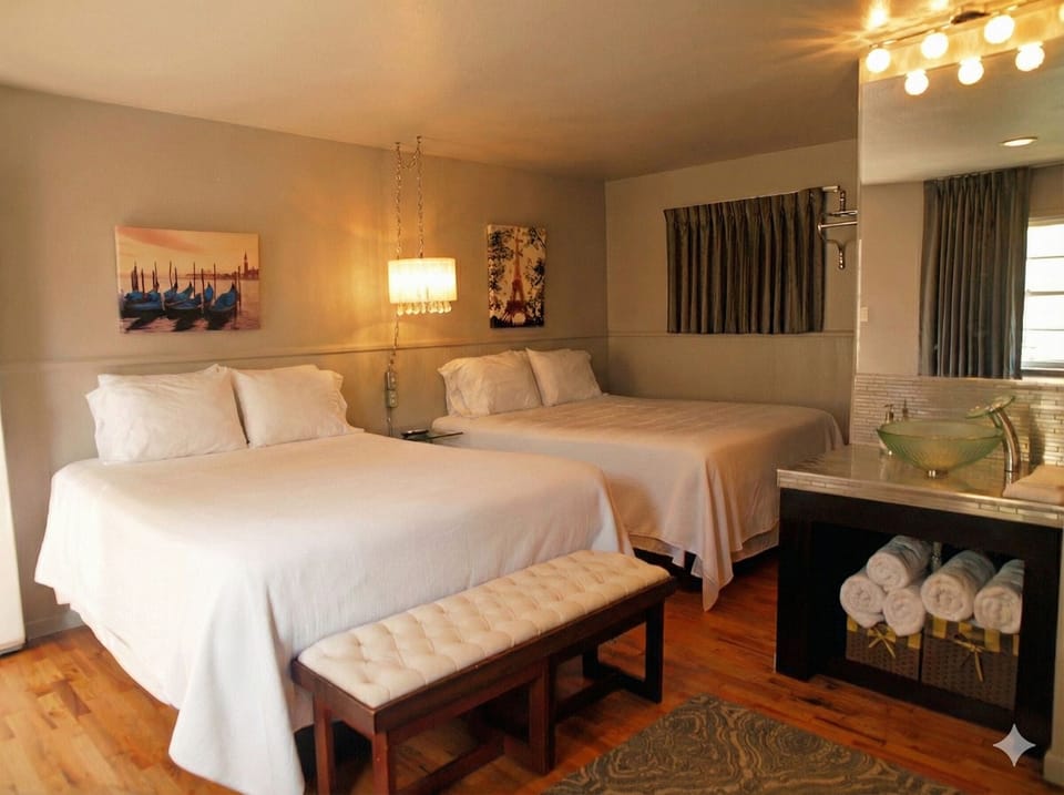 Double Room, 2 Queen Beds, Courtyard Area | Free WiFi, bed sheets