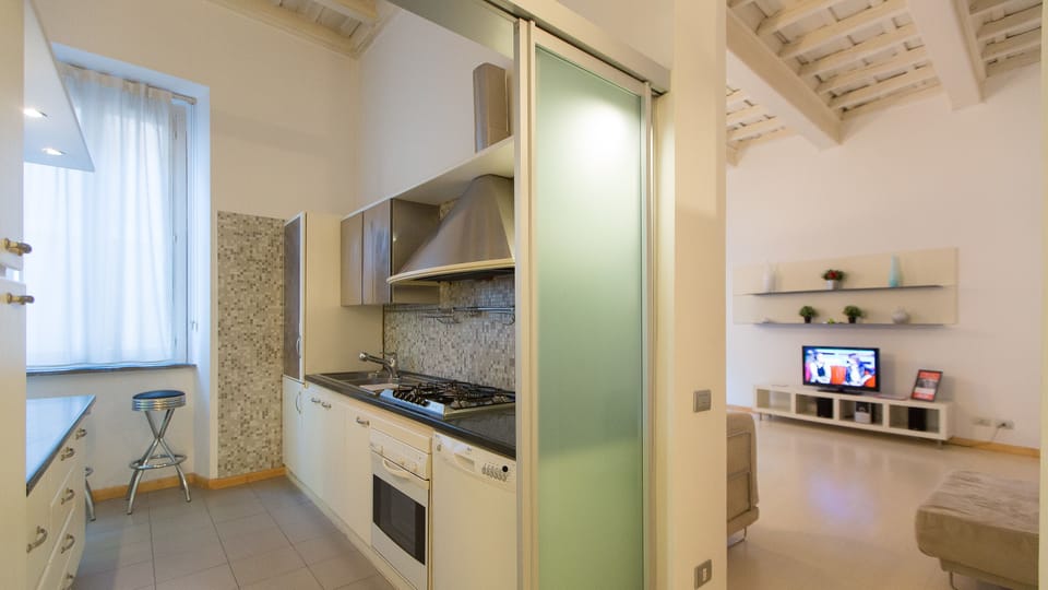 Full-size fridge, oven, stovetop, dishwasher