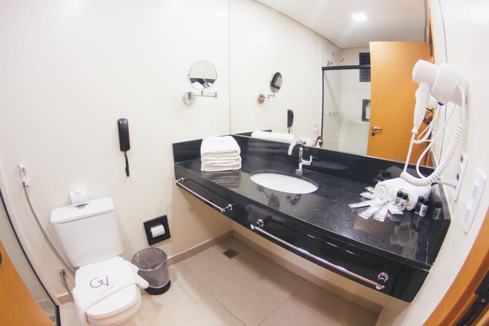 Shower, free toiletries, hair dryer, towels