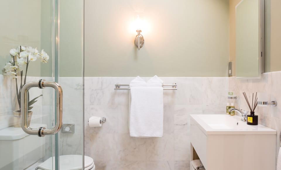 Shower, rainfall showerhead, designer toiletries, hair dryer