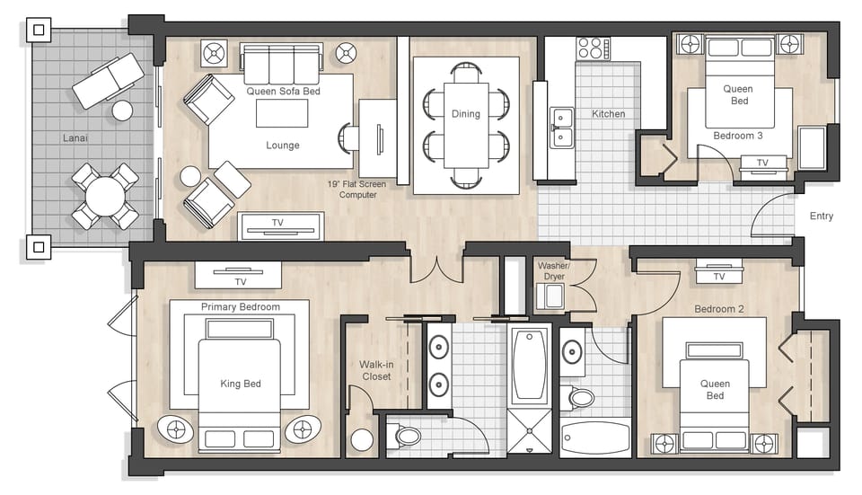 Beach level 3-Bedroom floor plan - There are two stairs, 3 steps, going into the living room and master bedroom.