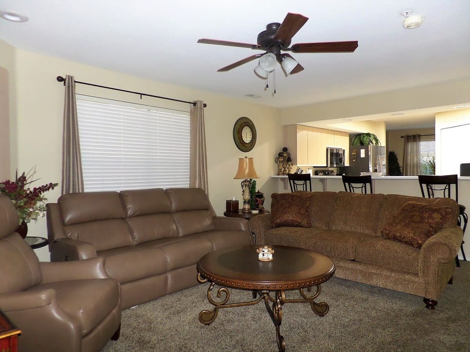 Living Room, New Leather Reclining Sofa, New Recliner, and New Sofa Sleeper. 