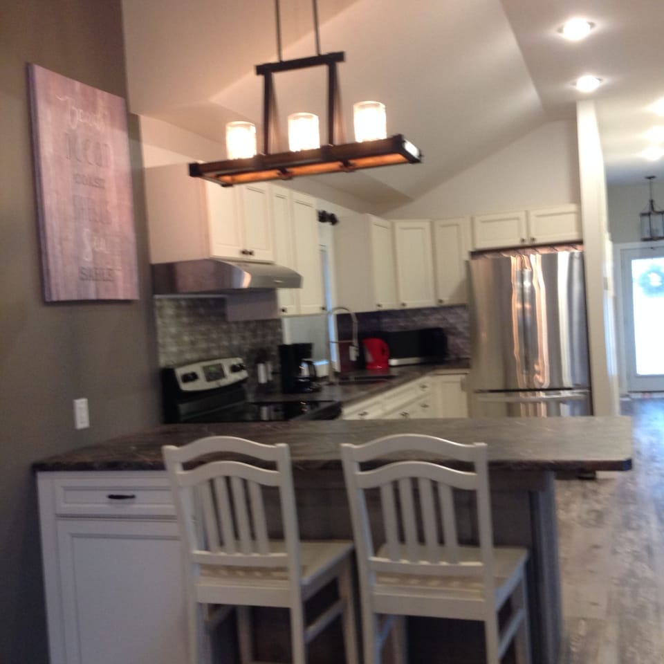 Full-size fridge, microwave, oven, dishwasher