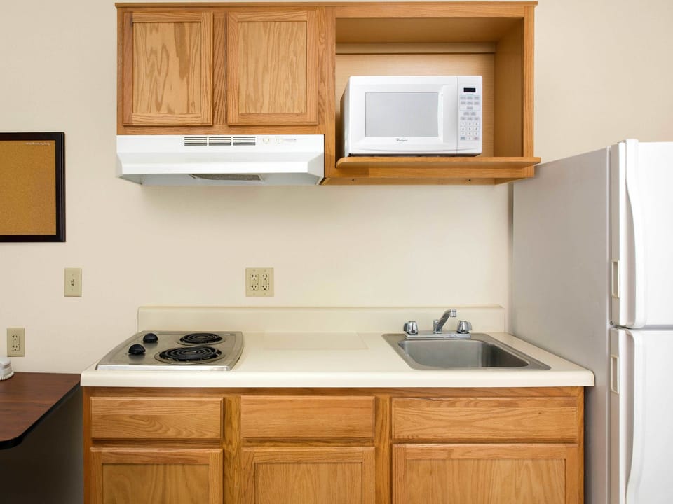Full-size fridge, microwave, stovetop