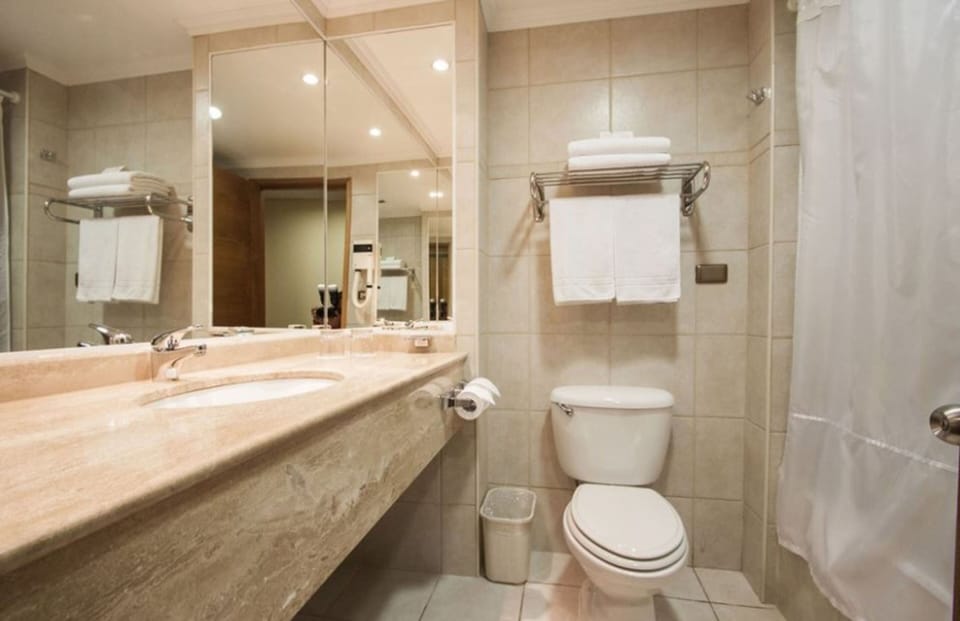 Combined shower/tub, rainfall showerhead, free toiletries, hair dryer