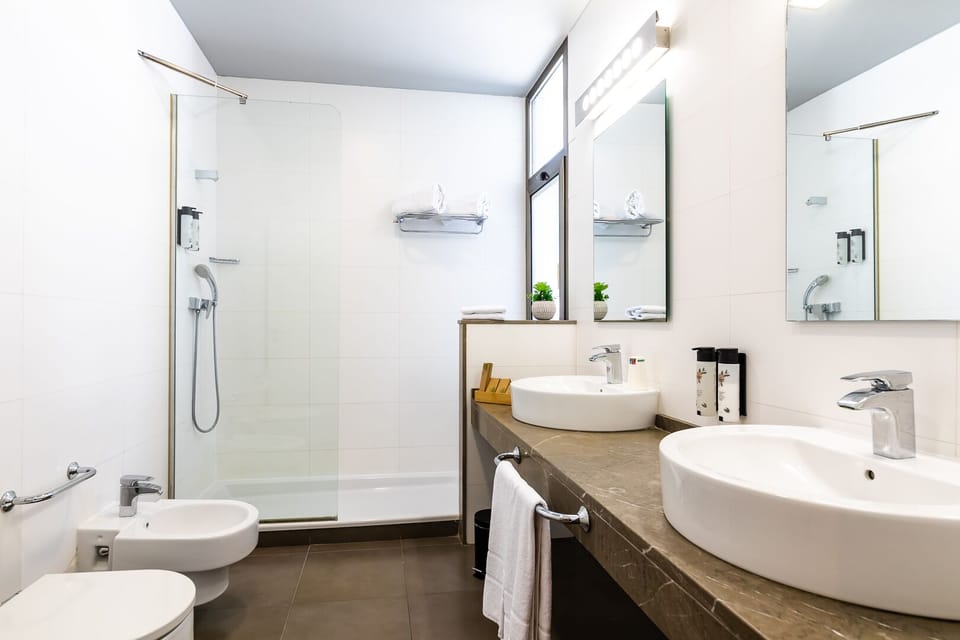 Combined shower/tub, free toiletries, hair dryer, bidet
