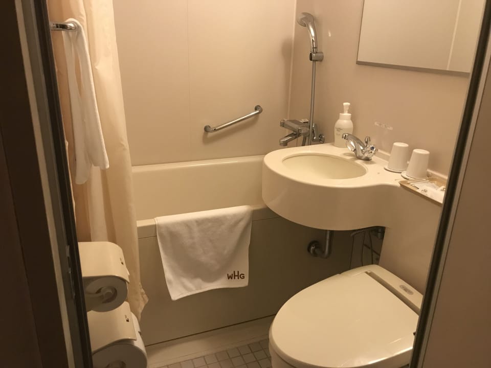 Combined shower/tub, free toiletries, hair dryer, slippers