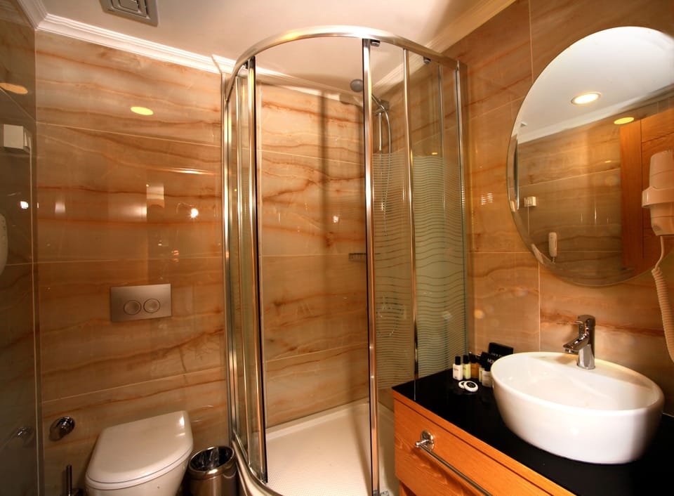 Shower, free toiletries, hair dryer, slippers