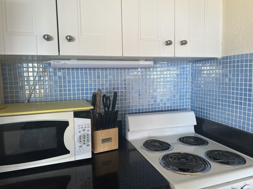 4-ring electric burner. Stove. Microwave. splashback.