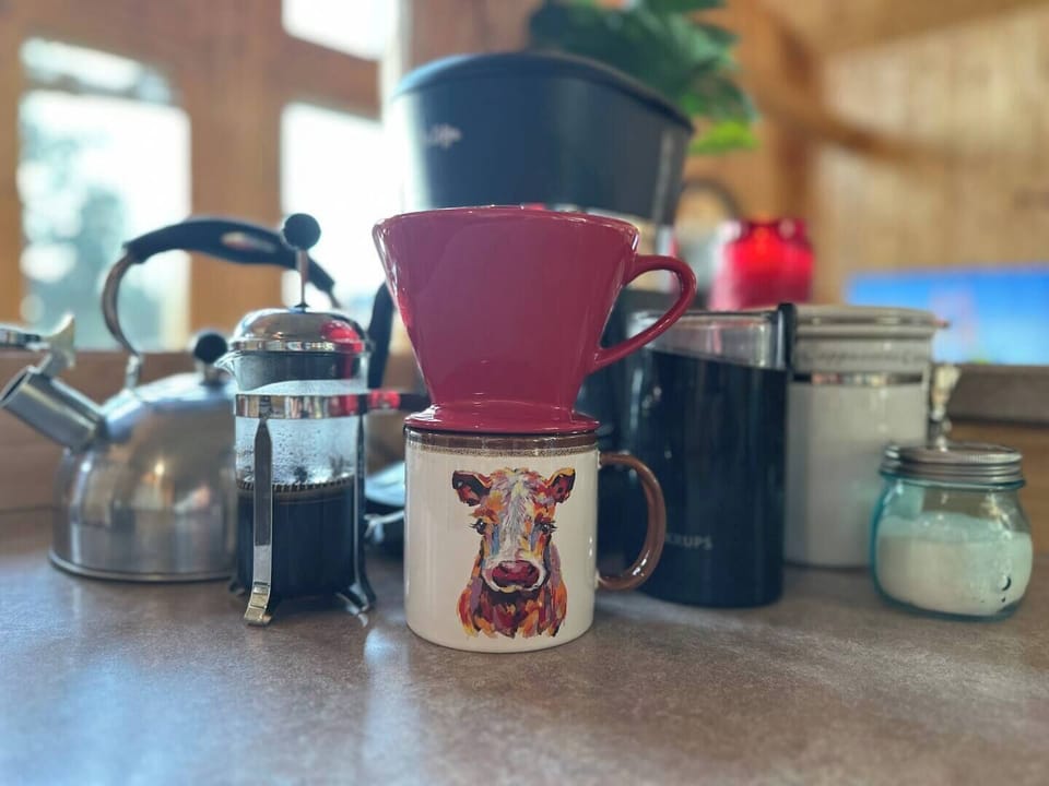 Coffee: Pour over, french press, drip, grinder, tea kettle, fresh local coffee, sugar… enjoy your morning 