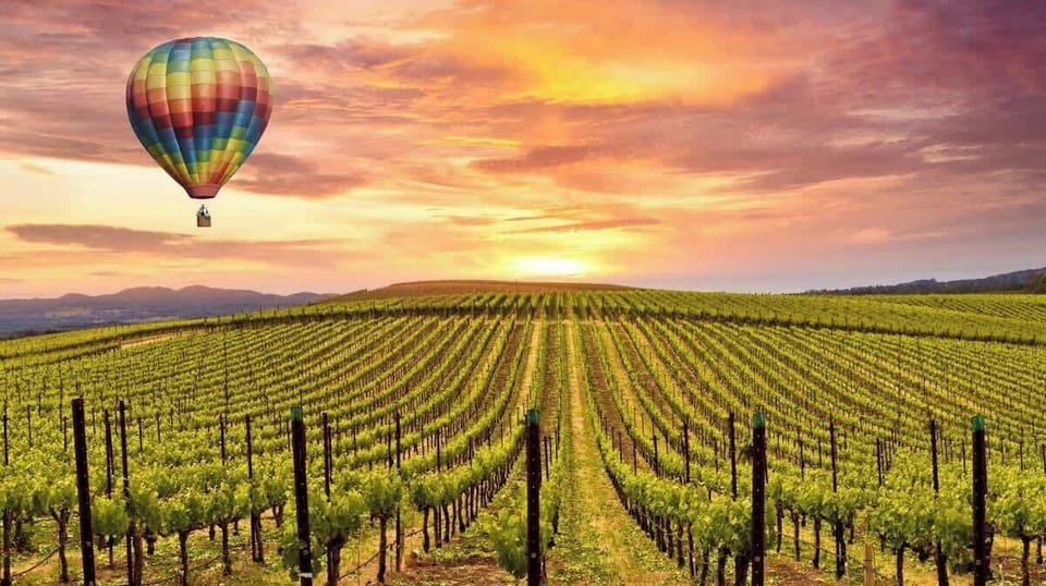 Embrace the allure of Napa Valley from lofty heights as you drift through the sunset-kissed skies in a vibrant hot air balloon.
