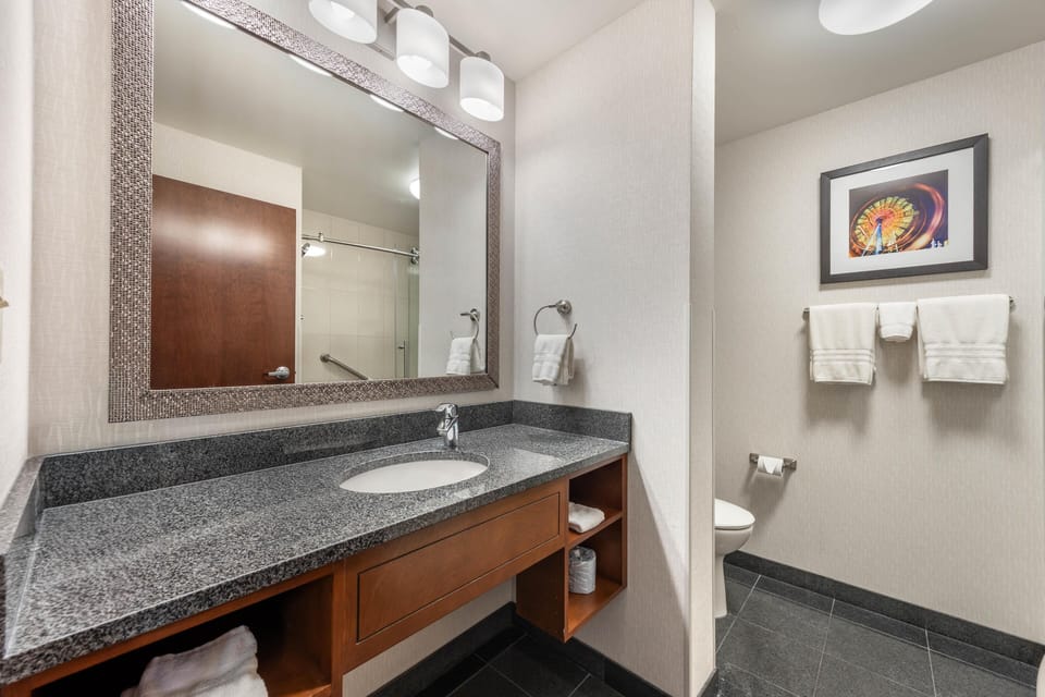 Combined shower/tub, free toiletries, hair dryer, towels