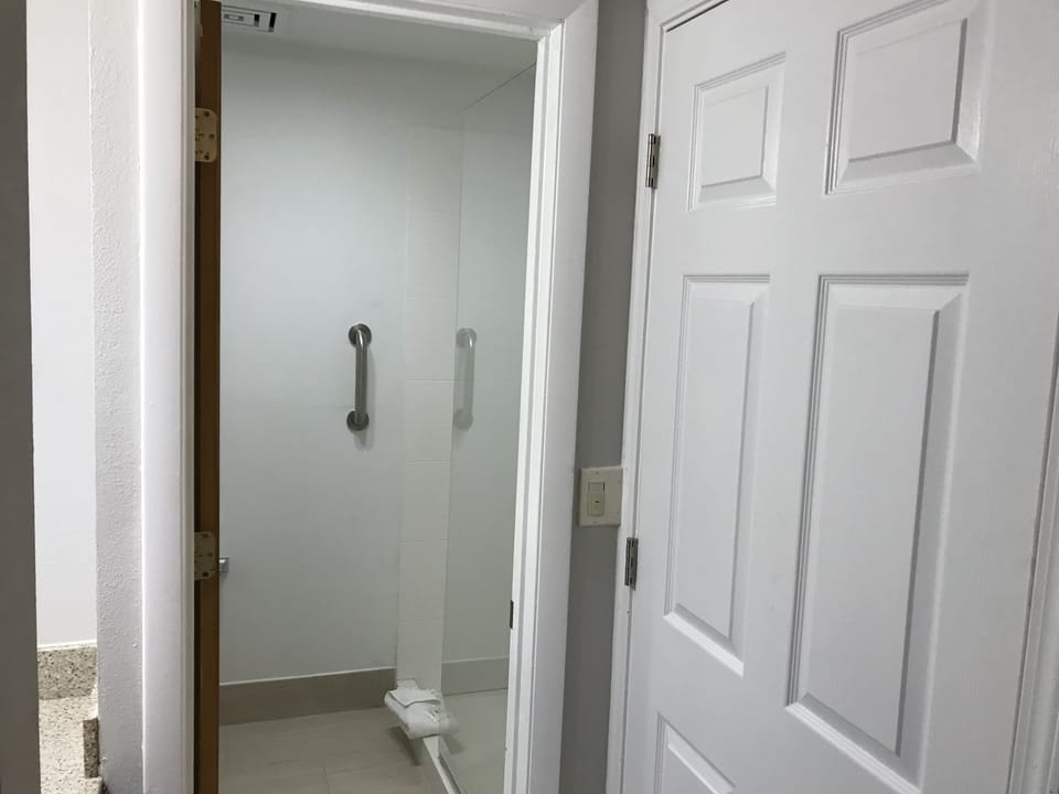 Combined shower/tub, hair dryer, towels
