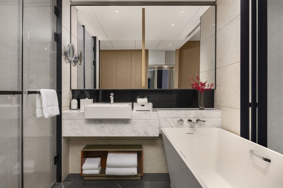 Shower, rainfall showerhead, eco-friendly toiletries, hair dryer