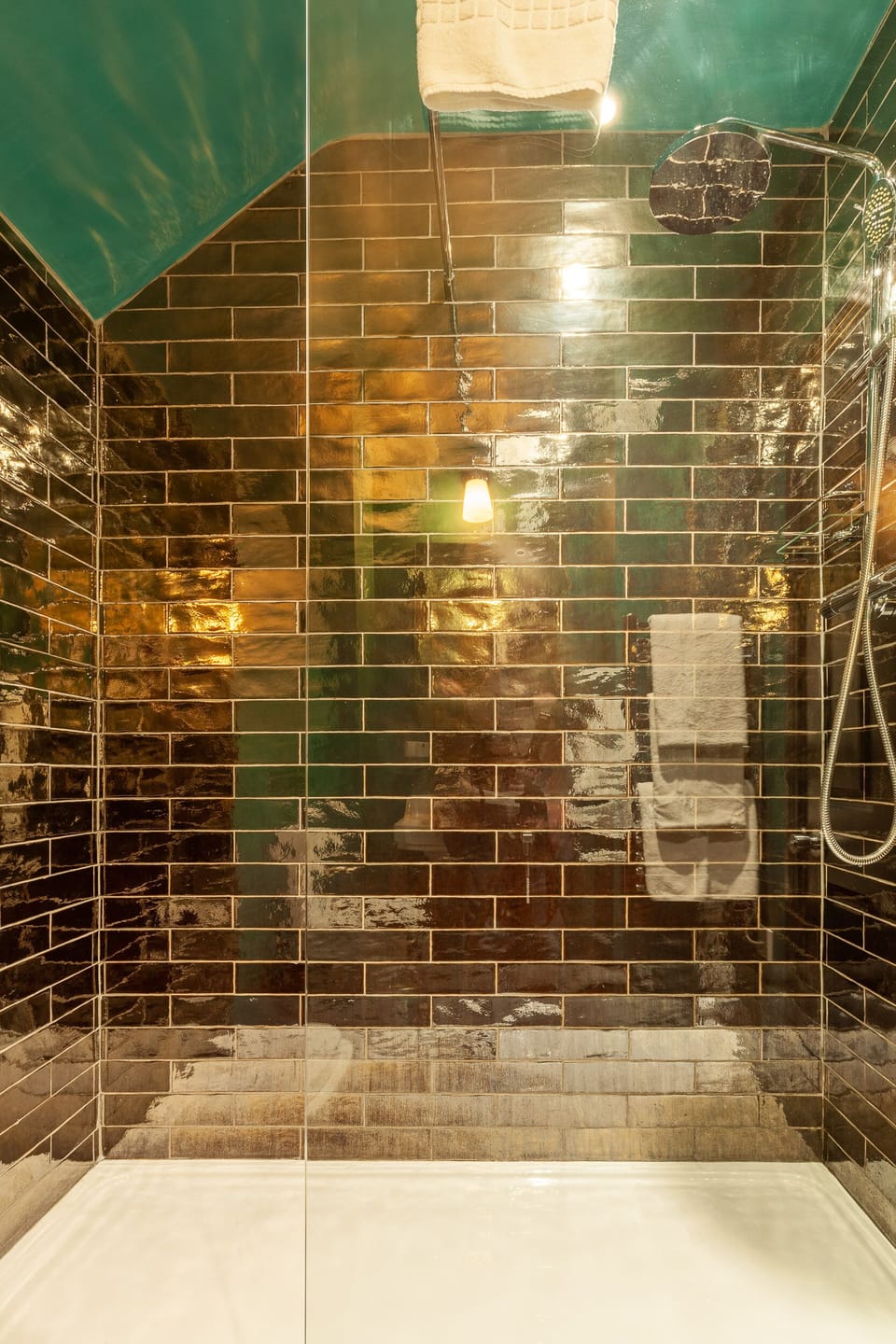 Shower, rainfall showerhead, designer toiletries, hair dryer