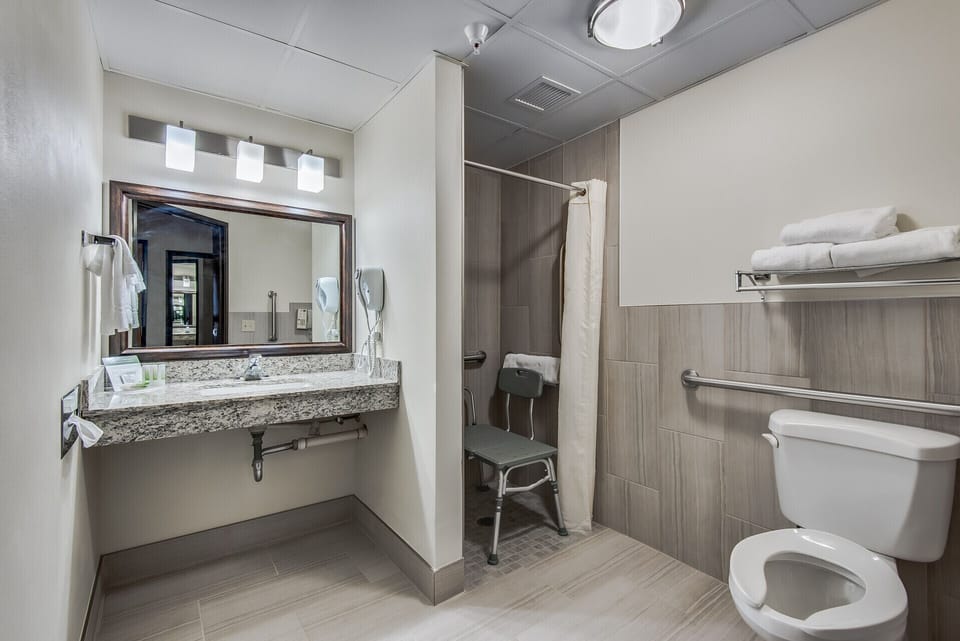 Room, 1 Queen Bed, Mobility Accessible, Non Smoking (Roll-In Shower) | Bathroom | Combined shower/tub, hair dryer, towels