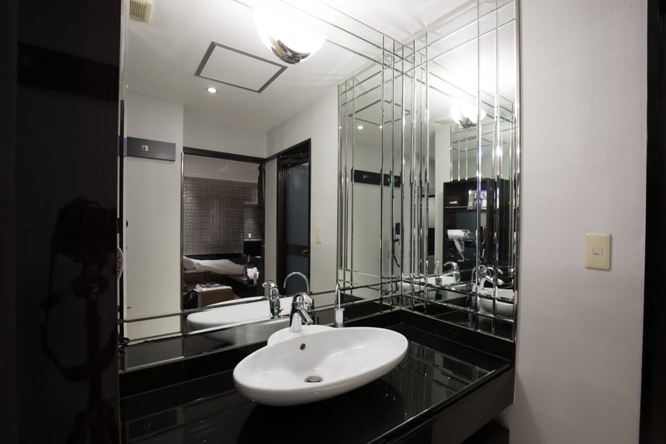 Separate tub and shower, jetted tub, free toiletries, hair dryer