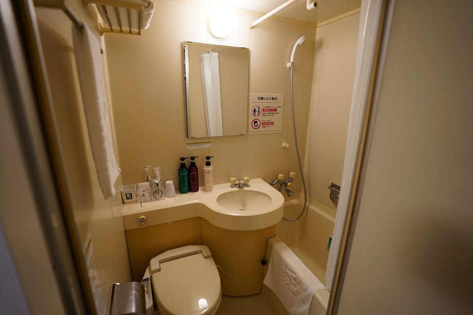 Combined shower/tub, free toiletries, hair dryer, slippers
